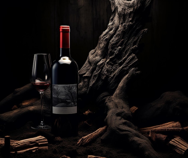モックアップ ストック フォト ものもらいの樹皮ストック上の赤ワインのボトル