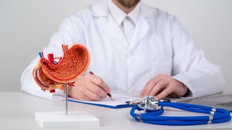 Photo mockup stomach on work desk of doctor