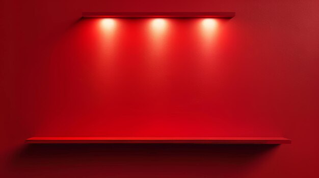 Mockup of studio or gallery empty platform with spotlight and red wall background Realistic modern illustration of studio or gallery empty platform with spotlight