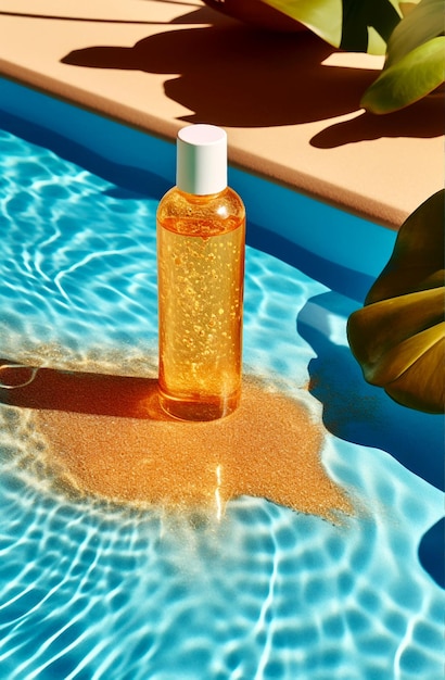 Mockup sunscreen cream or lotion bottle in yellow sand summer sun protection template scene with
