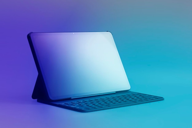タブレット画面のモックアップで,キーボードと画面のクローズアップがカラー背景に隔離されています.