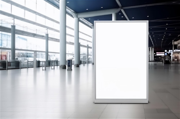 A mockup of a tall blank advertising billboard banner lit up in airport terminal full of day light