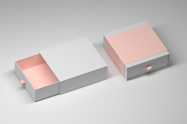 파스텔 컬러 액센트가있는 두 개의 사각형 슬라이드 선물 상자 모형 템플릿. 3D 그림.