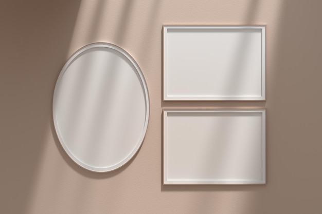 Mockup template wall gallery set of 3 frames oval and two A4 horizontal