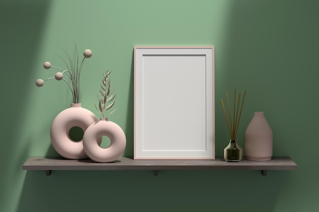 Photo mockup template with a4 frame and decorative porcelein vases on wooden shelf next to green wal