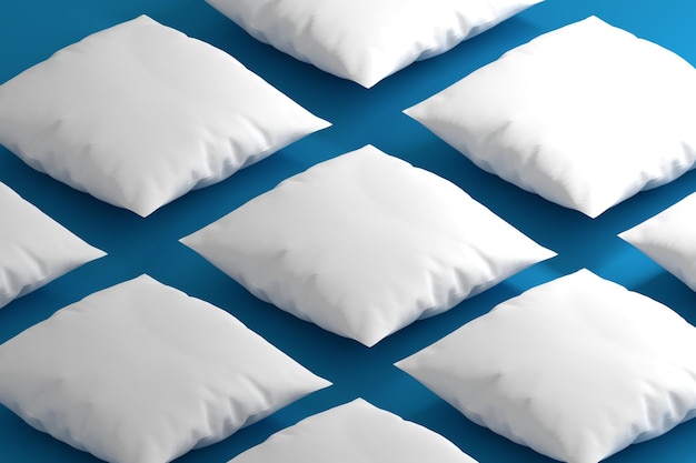 Mockup template with many white pillows with blank surfaces on blue background