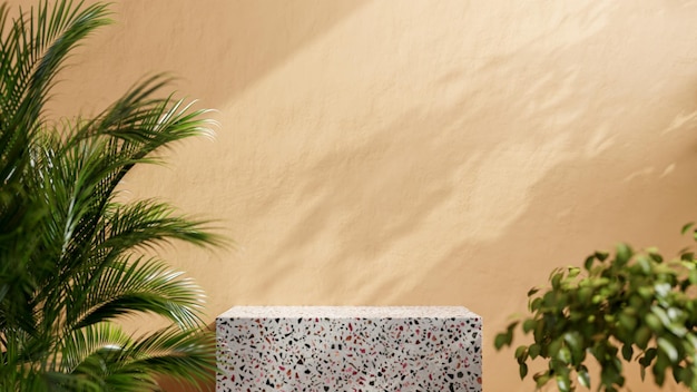 Mockup terrazzo podio per la presentazione del prodotto su sfondo color crema pastello rendering 3d