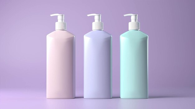 Photo mockup three big bottles for a cosmetic in pastel colors template for your design