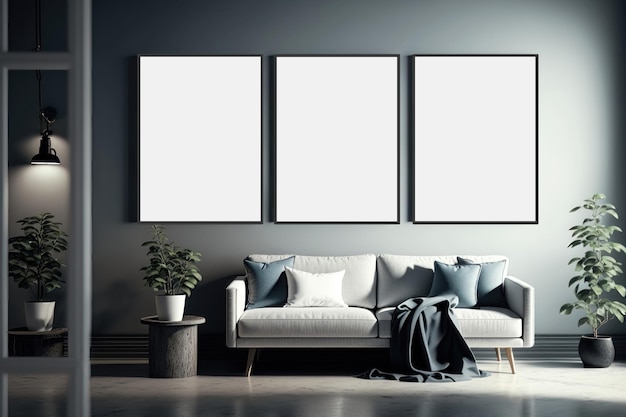 A mockup of the three blank paintings in the interior AI generation