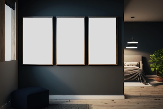 A mockup of the three blank paintings in the interior AI generation