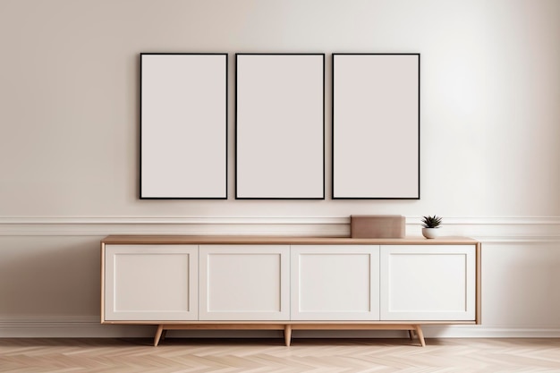 Photo mockup of three frames in a scandinavian interior on a background of a white wall and dresser