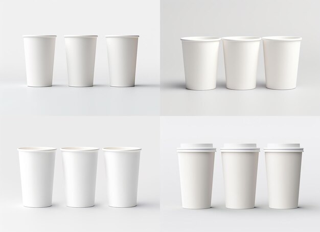 Photo mockup three paper cups set on a white background in the style