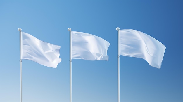 Mockup Three White Flags With Flag Pole Against Blue Sky In The