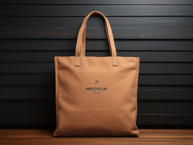 Foto mockup di tote bag appeso su uno sfondo di legno