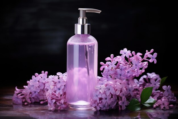 Foto un modello di una bottiglia trasparente di liquido con un dispenser vicino ai fiori di lilac