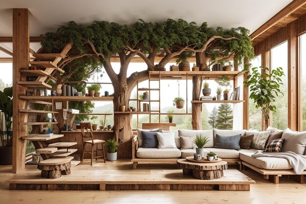 A mockup of a treehouseinspired living room with natural wood elements