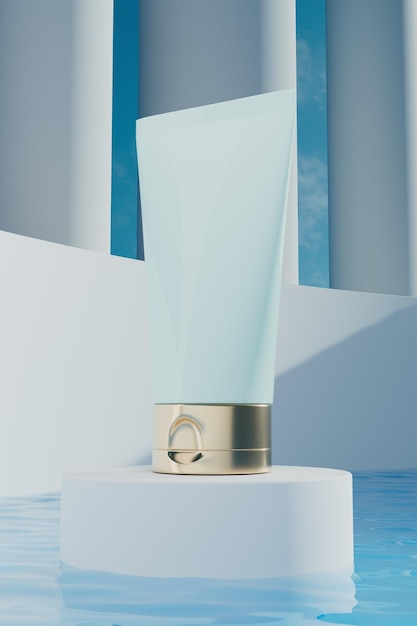 Mockup of a tube of cream on the podium with water 3d