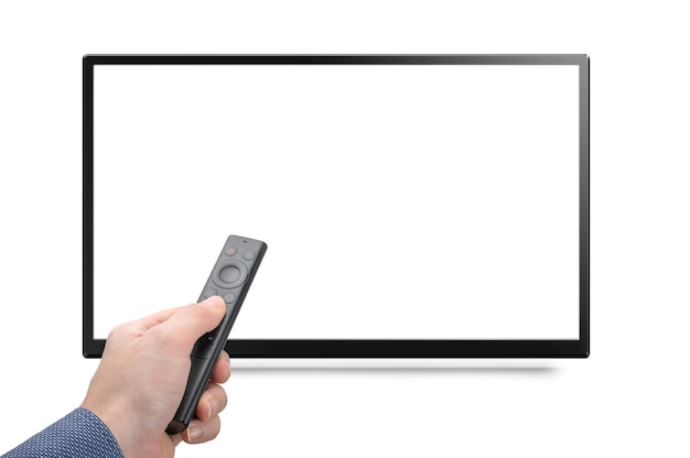 Mockup tv and hand with modern remote control from an online media box isolated on white background. 8k 4k TV with remote control in hand mock up. White blank screen monitor mock-up