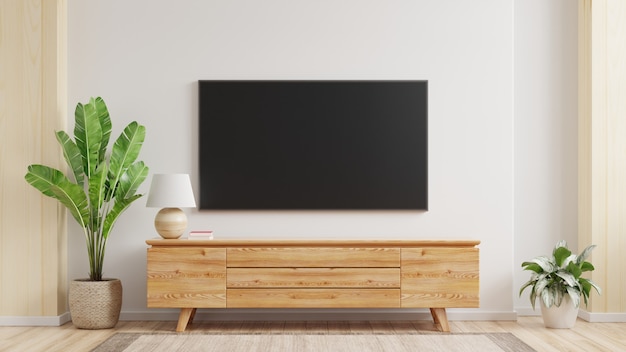 Mockup a TV wall mounted in a living room room with a white wall.3d rendering