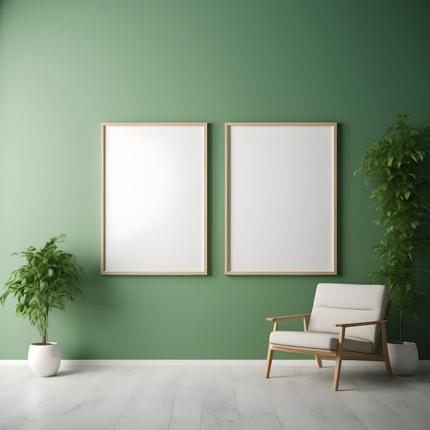 Mockup twee poster frame in minimalistische interieur achtergrond met witte groene muur