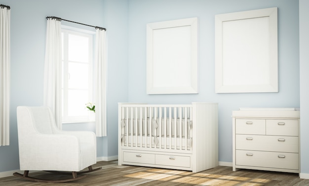 Mockup of two blank frames on blue baby room wall