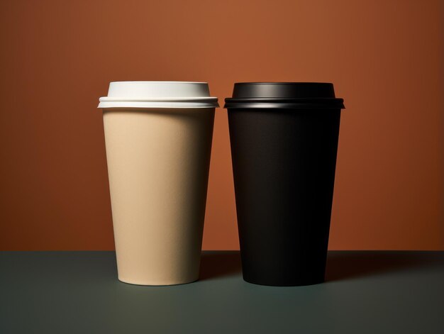 Mockup of two paper coffee cups on dark background 3d rendering generative ai