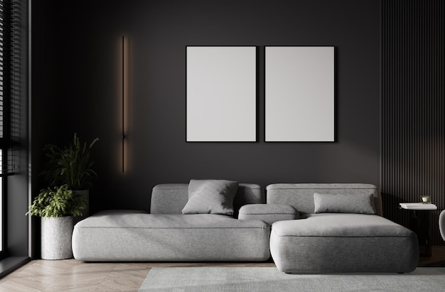 Mockup two poster frame in dark modern living room with gray sofa lamp and coffee table on wooden laminate Stylish interior background 3d render