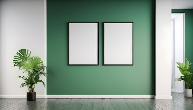 Mockup two poster frame in minimalist interior background with white green wall