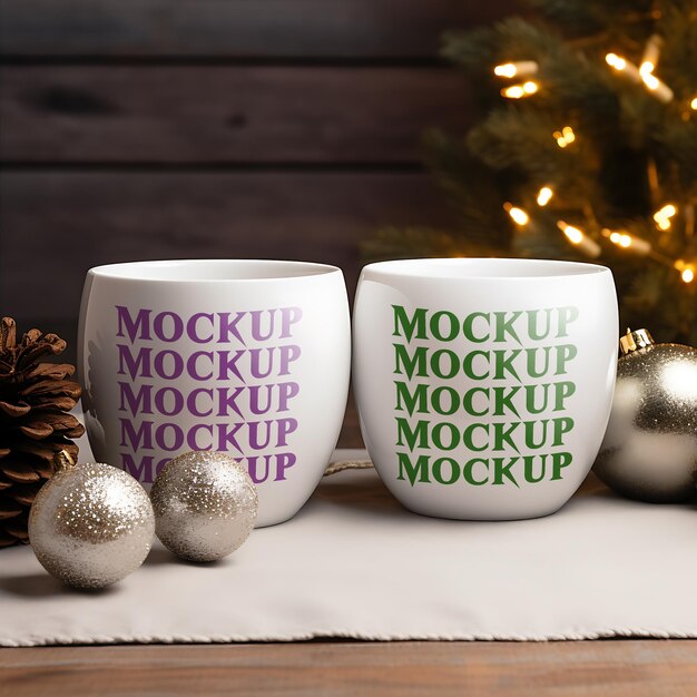 Mockup of two white coffee mugs with christmas