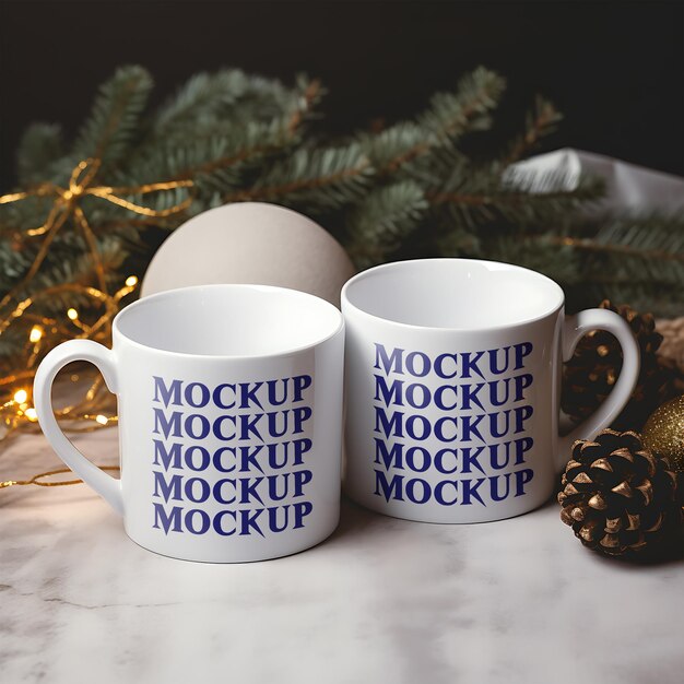 Mockup of two white coffee mugs with christmas