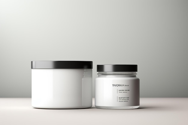 Mockup of two white plastic jars with blank label 3d rendering