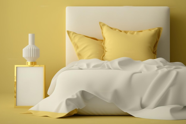 Фото Макет верхней стороны белой кровати с бледно-желтым фоном, белой простыней и белым одеялом