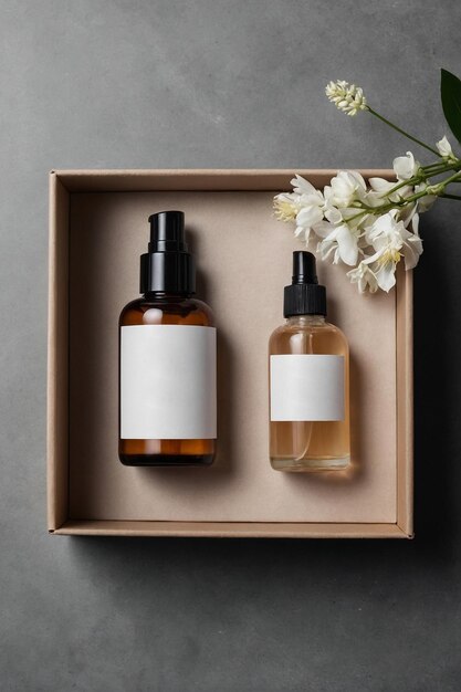 Mockup van cosmetische flessen met leeg etiket en gedroogde bloemen Natuurlijke biologische cosmetica