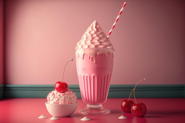 Mockup van een aardbeienmilkshake op de achtergrond met een marasquinkers