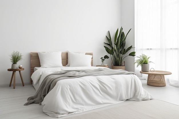 Mockup van een binnenmuur in een witte slaapkamer met een ongemaakt bed, kussens, gordijnen en een groene plant