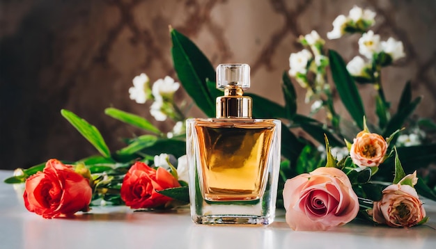 Mockup van een glazen parfumfles met prachtige bloemen op tafel Bloemgeur
