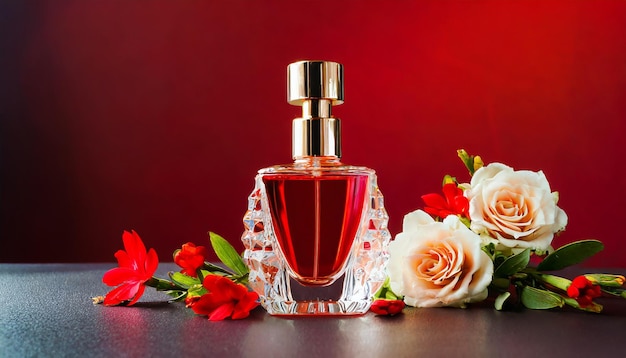 Mockup van een glazen parfumfles met prachtige voorjaars- of zomerbloemen op tafel Bloemgeur