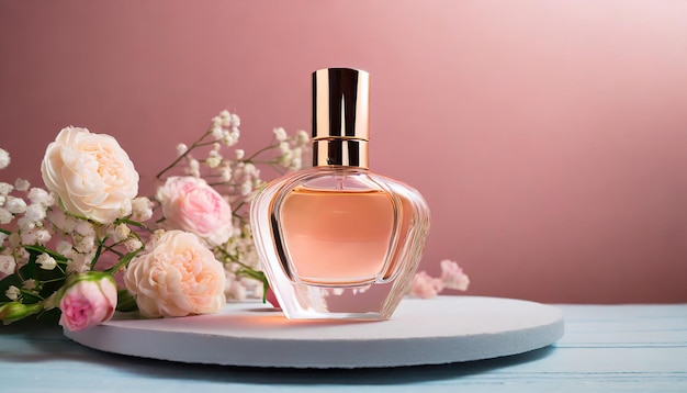 Mockup van een glazen parfumfles met prachtige voorjaarsbloemen op tafel Bloemgeur
