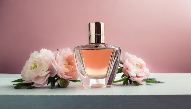 Mockup van een glazen parfumfles met prachtige voorjaarsbloemen op tafel Bloemgeur