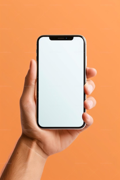 Foto mockup van een hand die een smartphone vasthoudt met een wit scherm