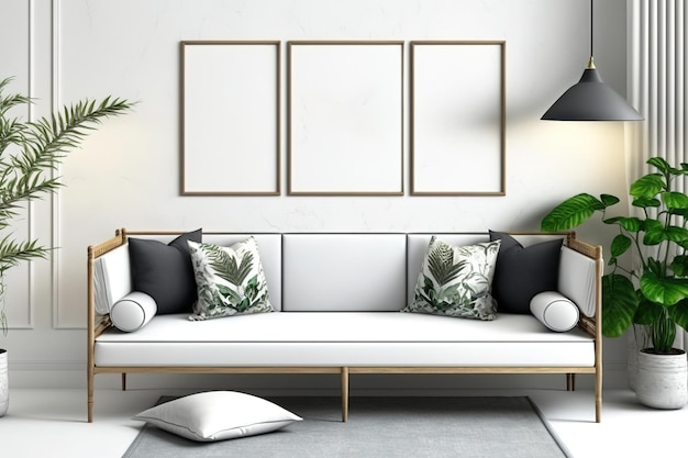 Mockup van een interieurscène en lijst Drie ligbedden staan in een eigentijdse tropische woonkamer met witte muren