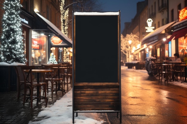 Mockup van een leeg billboard bij een café Gezellige kerst buitenverlichting en winterweer