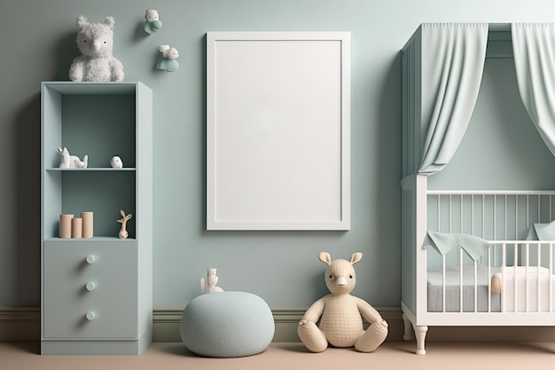 Mockup van een leeg frame in een kinderkamer met een speelse en pastelblauwe designkamer