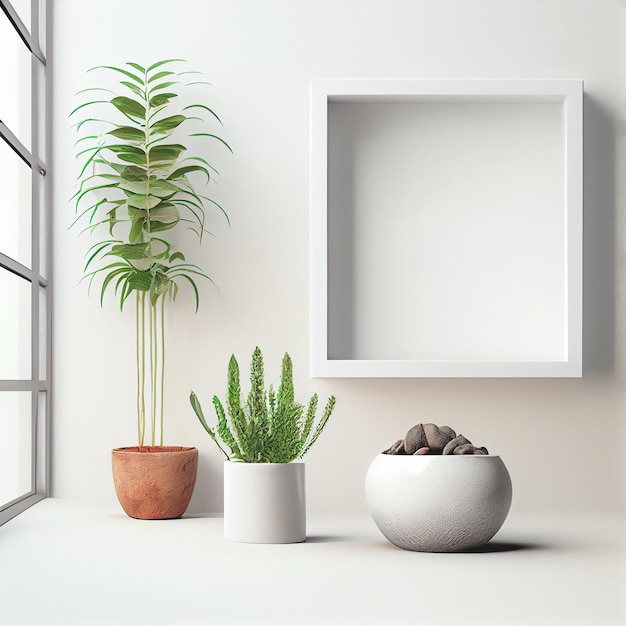 Mockup van een leeg frame weergegeven in het interieur van de kamer met een witte muurachtergrond en een plantenpot in de buurt