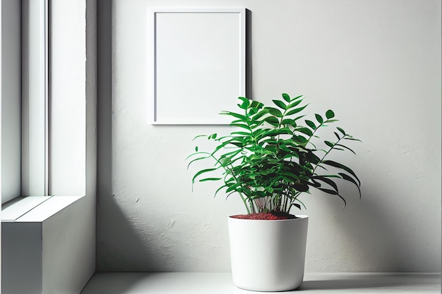 Mockup van een leeg frame weergegeven in het interieur van de kamer met een witte muurachtergrond en een plantenpot in de buurt