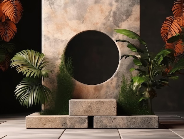 Mockup van een marmeren podium ecologische presentatie van een licht stenen podium met tropische bladeren op een zwarte achtergrond Generatieve AI