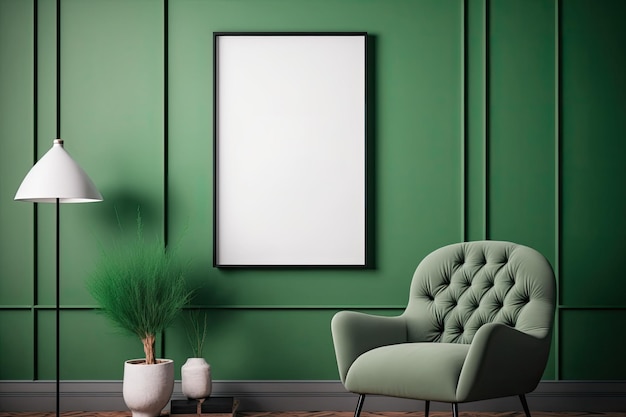 Mockup van een poster met een verticaal frame op een groene muur die leeg is en een grijze fluwelen zitting heeft