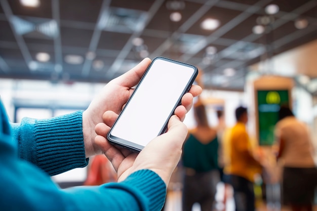 Mockup van een smartphone met een wit schermclose-up in de hand van een persoon, tegen de achtergrond van een restaurant en een elektronisch menu met mensen.