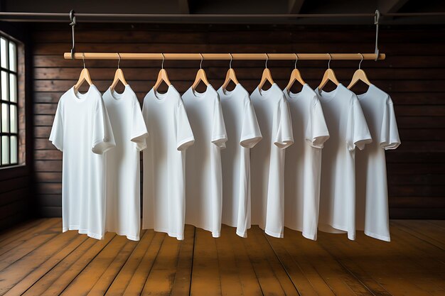 Foto mockup van een t-shirt die op een hanger in een winkel hangt, gegenereerd door ai