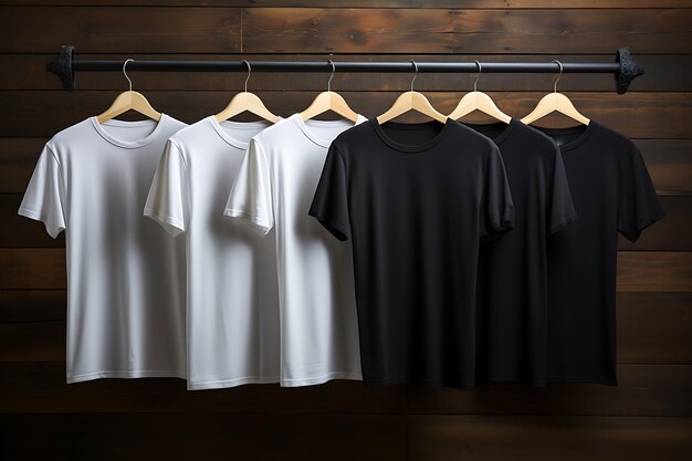 Foto mockup van een t-shirt die op een hanger in een winkel hangt, gegenereerd door ai